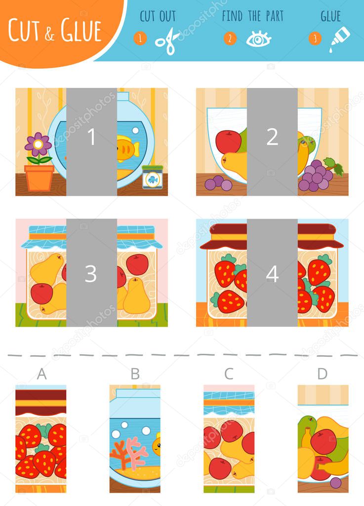 Find the right part. Education cut and glue game for children. Color set of cartoon illustration. Aquarium, bowl of fruit, jar of jam