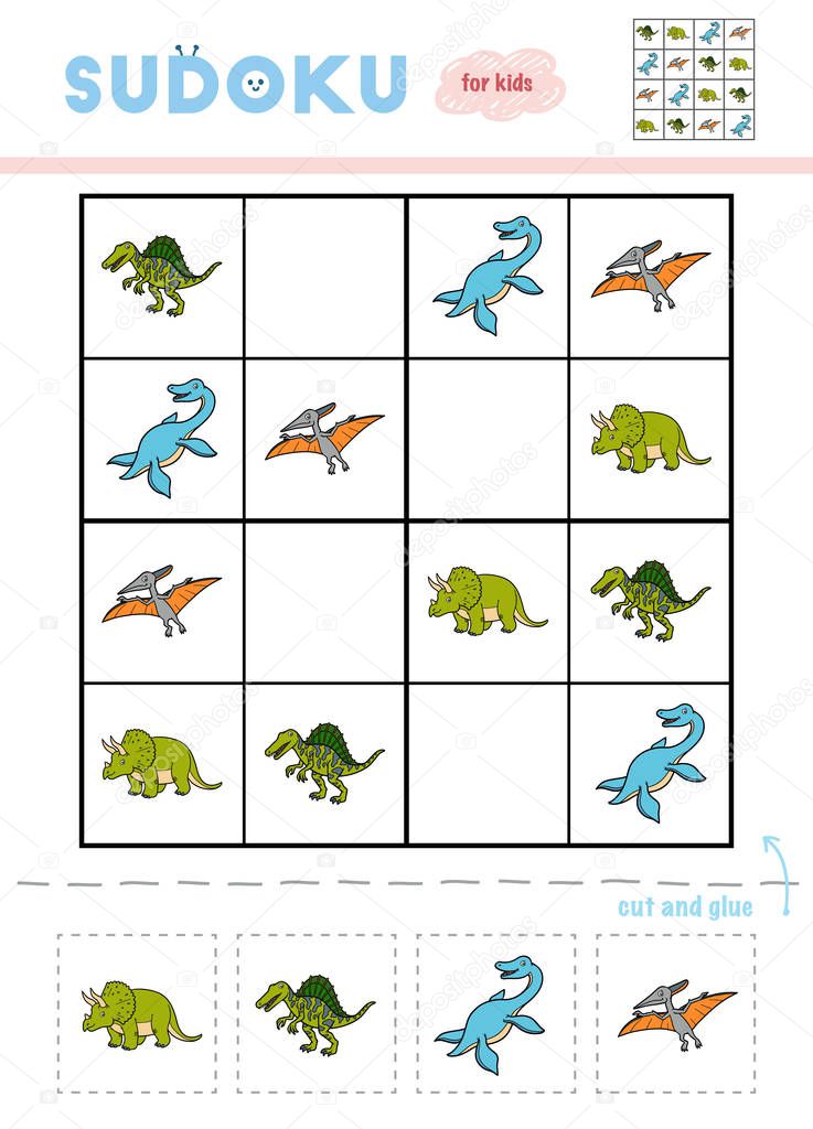 Sudoku for children, education game. Set of dinosaurs - Elasmosaurus, Pteranodon, Triceratops, Spinosaurus. Use scissors and glue to fill the missing elements