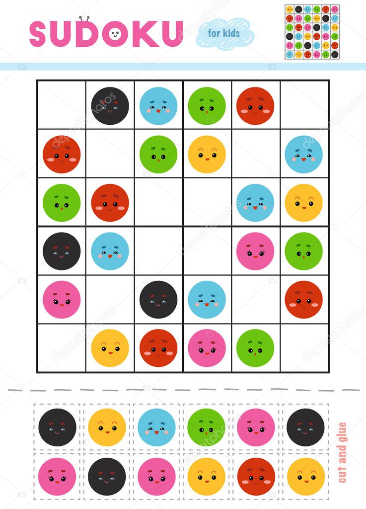 Sudoku for children, education game. Set of colors. Use scissors and glue to fill the missing elements