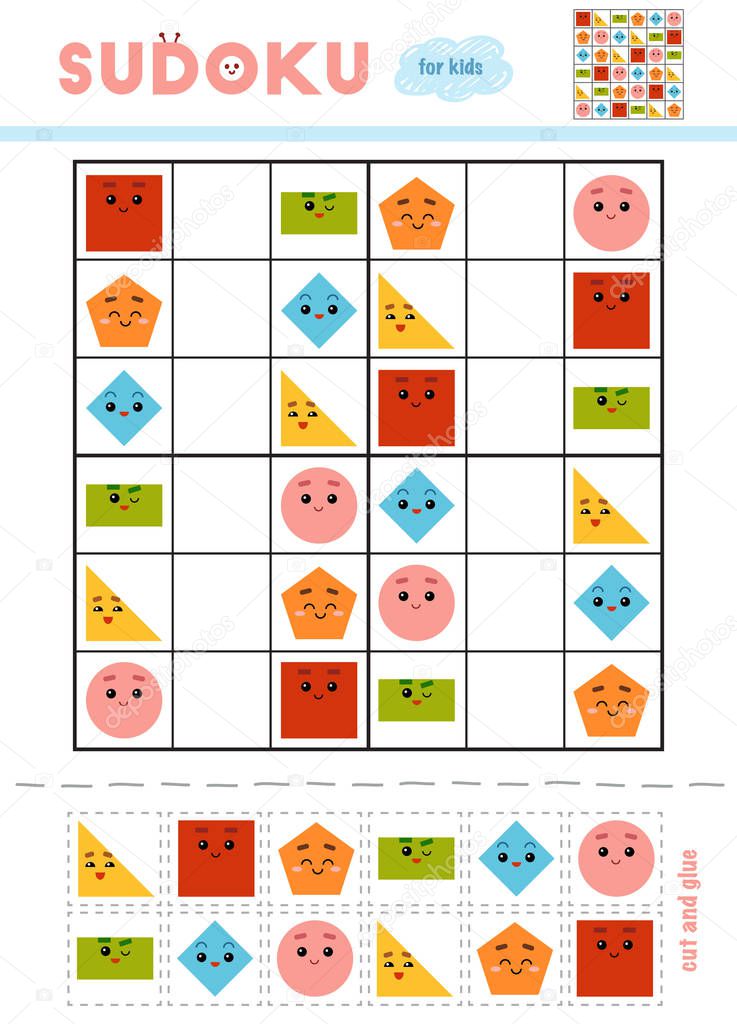 Sudoku for children, education game. Set of geometric shapes. Use scissors and glue to fill the missing elements