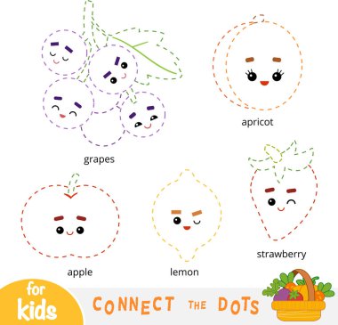 Eğitim çocuklar için oyun noktaları birleştir. Dizi karikatür meyve ve çilek - limon, çilek, üzüm, kayısı, elma