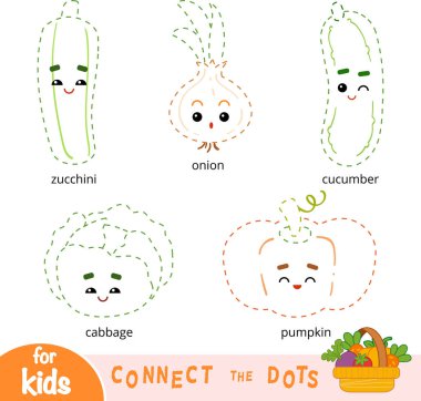 Eğitim çocuklar için oyun noktaları birleştir. Çizgi film sebze - kabak, salatalık, soğan, kabak, lahana kümesi