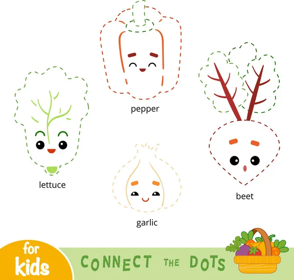 Conecta Los Puntos Juego Educación Para Niños Conjunto Verduras Dibujos — Vector de stock