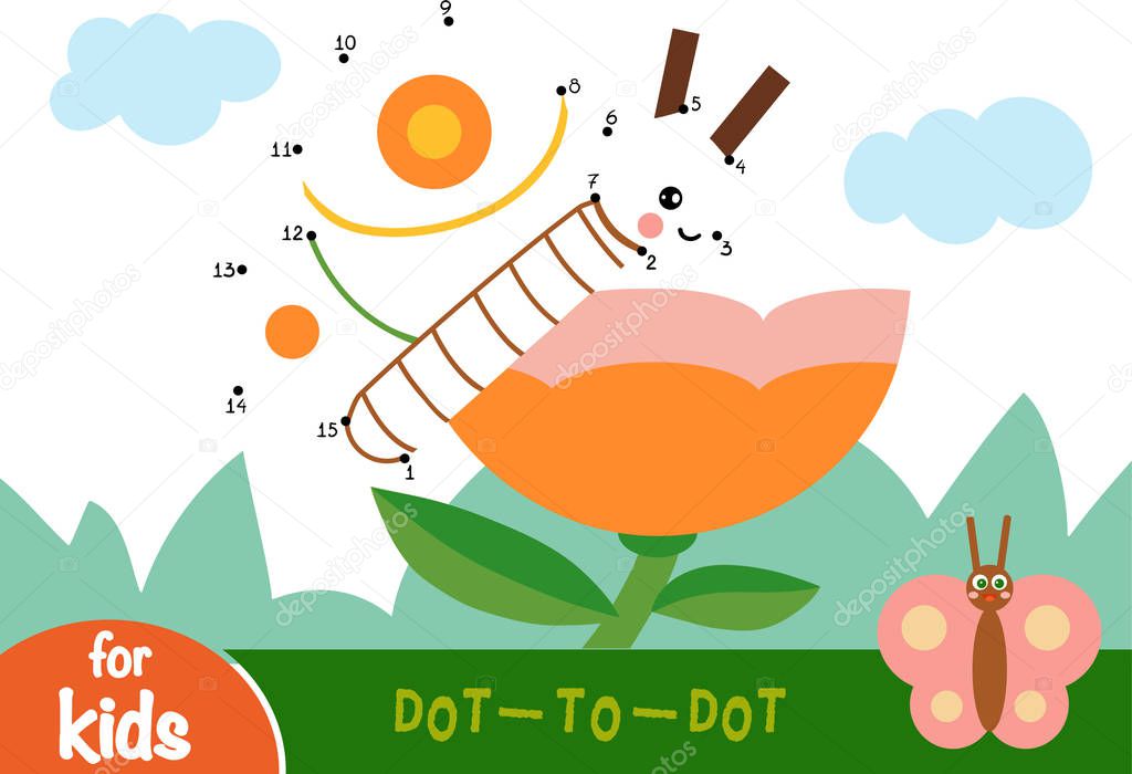 Numbers game, education dot to dot game for children, Flower meadow. The butterfly and flower.