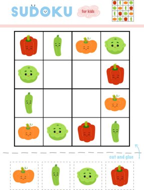 Sudoku, eğitim oyun çocuklar için. Komik suratlar sebzelerle kümesi. Makas ve yapıştırıcı eksik öğeleri doldurmak için kullanın