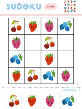 Sudoku, eğitim oyun çocuklar için. Çilek komik yüzü olan dizi. Makas ve yapıştırıcı eksik öğeleri doldurmak için kullanın