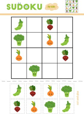 Sudoku, eğitim oyun çocuklar için. Komik suratlar sebzelerle kümesi. Makas ve yapıştırıcı eksik öğeleri doldurmak için kullanın