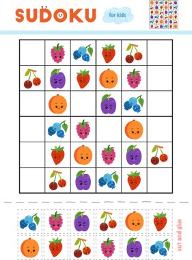 Sudoku, eğitim oyun çocuklar için. Çilek komik yüzü olan dizi. Makas ve yapıştırıcı eksik öğeleri doldurmak için kullanın