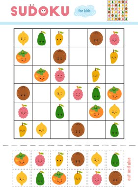 Sudoku, eğitim oyun çocuklar için. Komik suratlar ile meyve kümesi. Makas ve yapıştırıcı eksik öğeleri doldurmak için kullanın