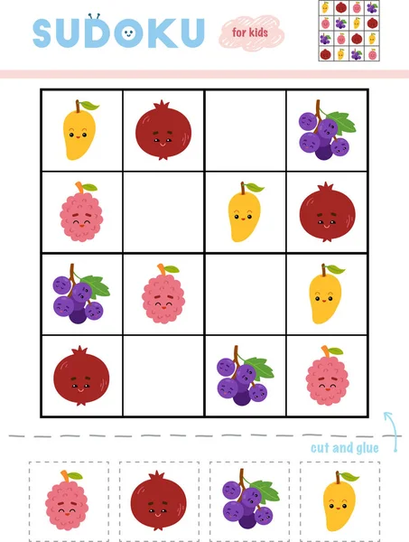 Sudoku Bambini Gioco Educazione Set Frutta Con Facce Divertenti Usa — Vettoriale Stock