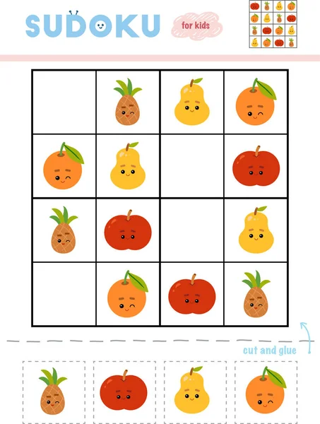 Sudoku Para Crianças Jogo Educação Conjunto Frutas Com Rostos Engraçados — Vetor de Stock