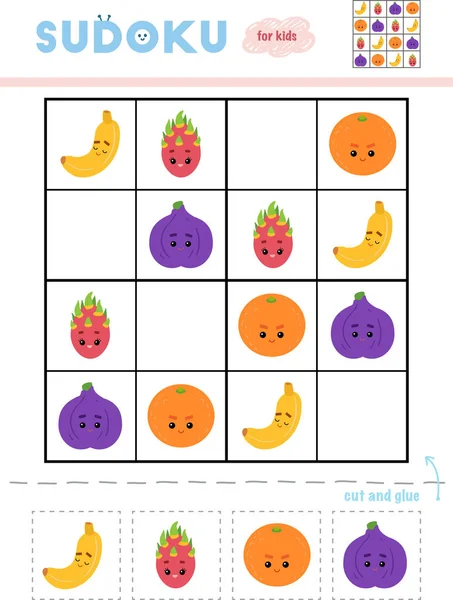 Sudoku Bambini Gioco Educazione Set Frutta Con Facce Divertenti Usa — Vettoriale Stock