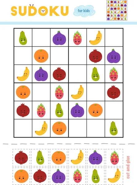 Sudoku Bambini Gioco Educazione Set Frutta Con Facce Divertenti Usa — Vettoriale Stock