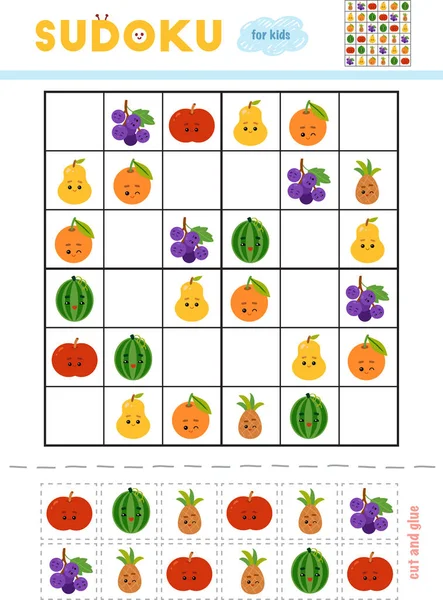 数独为孩子们 教育游戏 一套有搞笑面孔的水果 使用剪刀和胶水填充缺失的元素 — 图库矢量图片