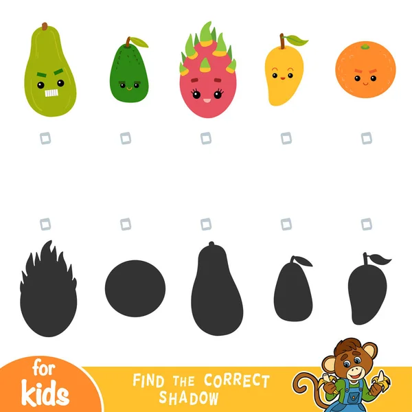 Encontrar Sombra Correcta Juego Educación Para Los Niños Conjunto Frutas — Vector de stock