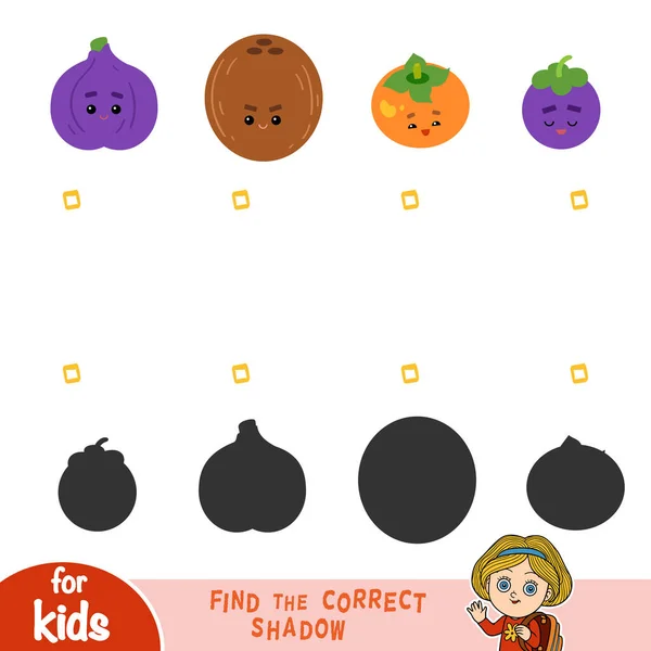 Encontrar Sombra Correcta Juego Educación Para Los Niños Conjunto Frutas — Vector de stock