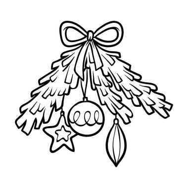 Süslenmiş Noel ağacı dalı, çocuklar için boyama kitabı