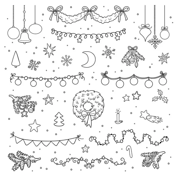 Conjunto Preto Branco Itens Natal Coleção Desenhos Animados Elementos Design — Vetor de Stock