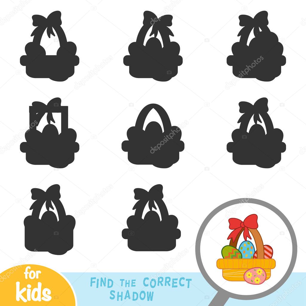 Find the correct shadow, education game for children, Easter basket with colored eggs