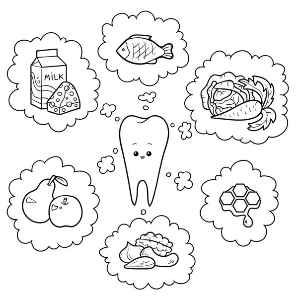 Czarno Biały Ilustracja Kreskówka Dobre Jedzenie Dla Zębów Plakat Edukacyjny — Wektor stockowy