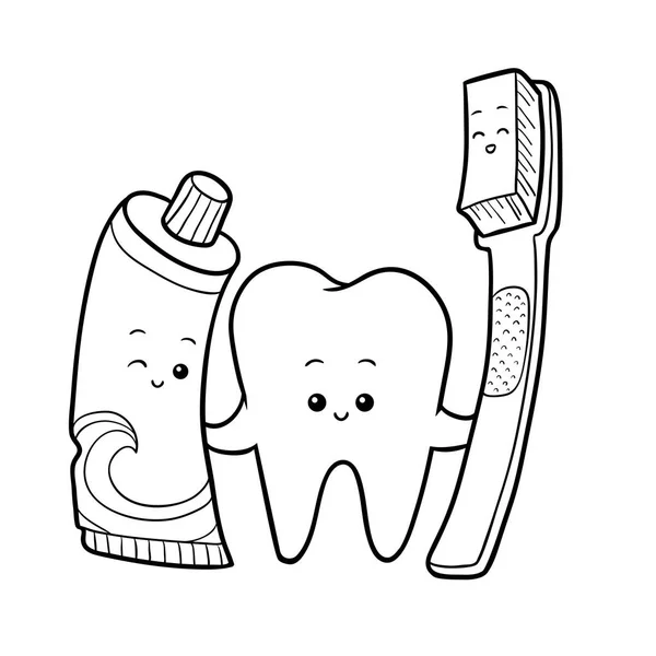 Libro Para Colorear Para Niños Dientes Cepillos Dientes Pasta Dientes — Archivo Imágenes Vectoriales