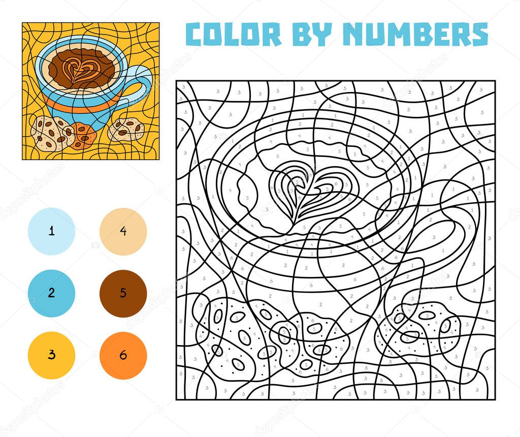 Color by number, education game for children, A cup of coffee with cookies