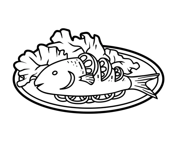 Libro Para Colorear Para Niños Pescado Parrilla Plato — Vector de stock