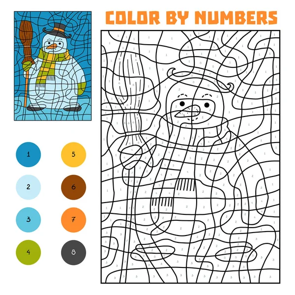 Färg Med Nummer Utbildning Spel För Barn Snögubbe — Stock vektor