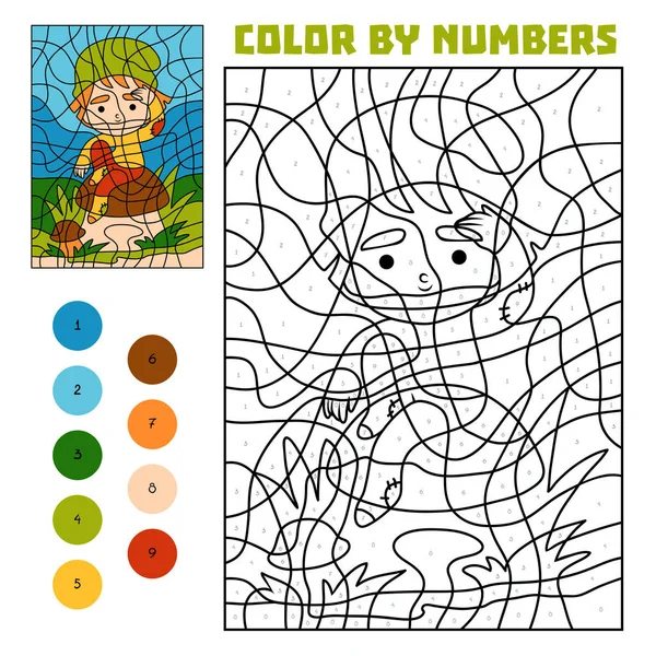 Color Por Número Juego Educación Para Niños Gnomo Champiñones — Vector de stock