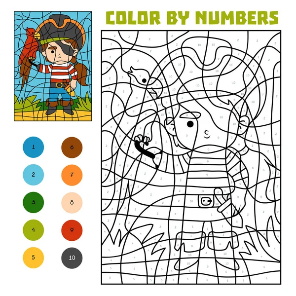颜色按数字 教育游戏为孩子 海盗和鹦鹉 — 图库矢量图片