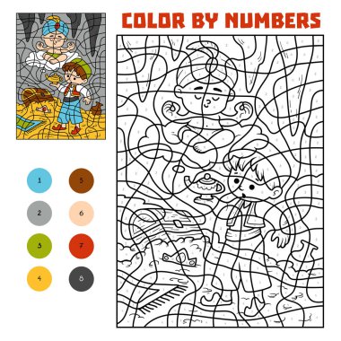 Numarasına göre renk. Peri masalları. Aladdin ve hazine mağarada cin