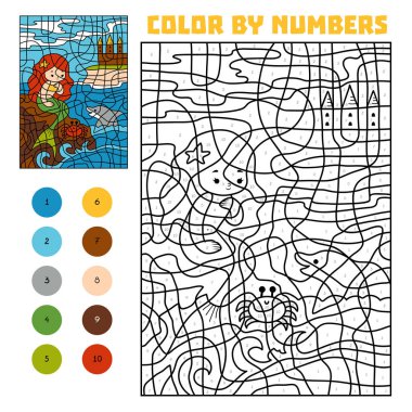 Numarasına göre renk. Peri masalları. Denizin içinde bir kaya üzerinde küçük deniz kızı