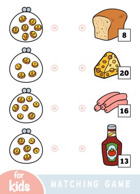 Çocuklar için eşleme oyunu. Her ne kadar para var saymak ve doğru fiyat seçin.