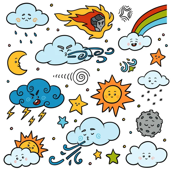 Färg uppsättning av natur objekt. Vektor tecknad samling av väder ikoner — Stock vektor