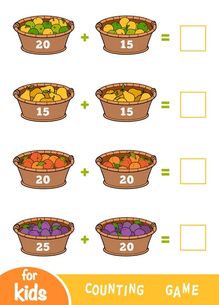 Jogo de contagem para crianças pré-escolares. Planilhas de adição. Cestas de frutas — Vetor de Stock