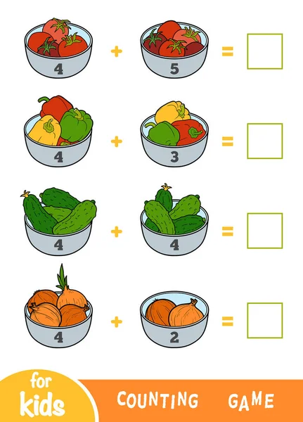 Cuenta Juego para Niños Preescolares. Hojas de trabajo adicionales. Cuencos de verduras — Vector de stock