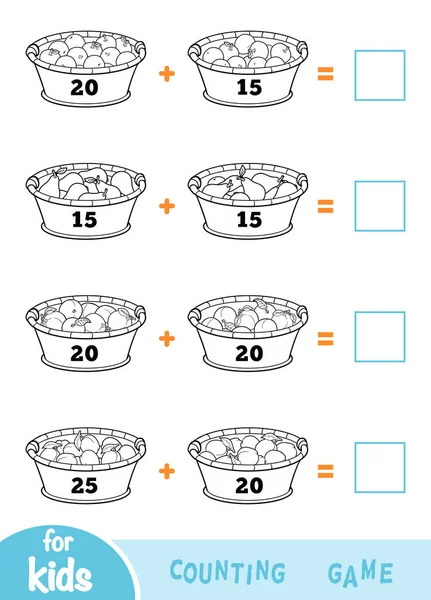 Spel tellen voor kleuters. Toevoeging zwart-wit witte werkbladen. Fruitmanden met appels, peren, pruimen en abrikozen — Stockvector