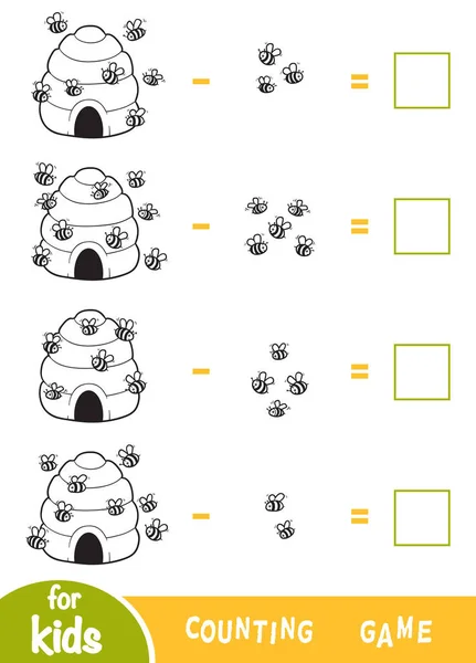 Liczenie gra dla dzieci w wieku przedszkolnym. Odejmowanie czarno-białe arkusze. Pszczoły i ule — Wektor stockowy