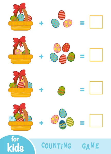 Počítání hra pro předškolní děti. Přidání listů. Velikonoční vajíčka v košíku — Stockový vektor