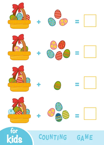 Jeu de compte pour enfants d'âge préscolaire. Ajout de feuilles de travail. Œufs de Pâques dans le panier — Image vectorielle