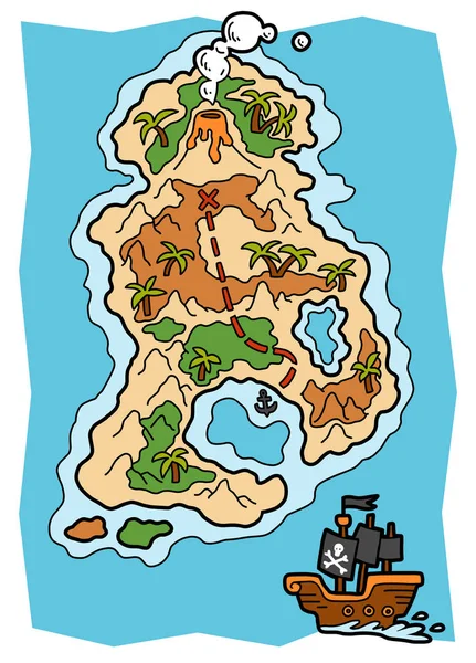 Dibujos animados vector ilustración, Mapa pirata con una isla tropical — Vector de stock