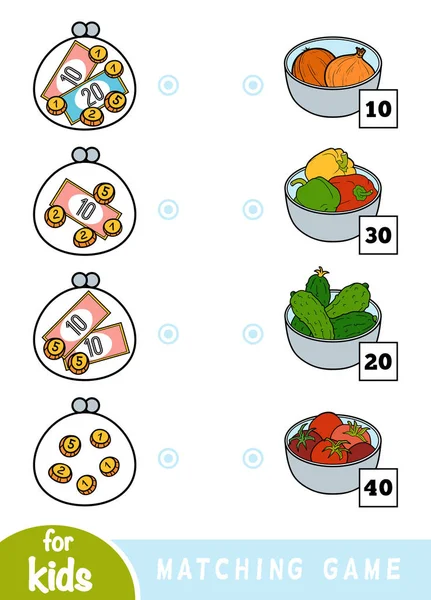 Egyezési játék gyerekeknek. Számít, hogy mennyi pénz van a minden pénztárca, és válassza ki a megfelelő ár. — Stock Vector