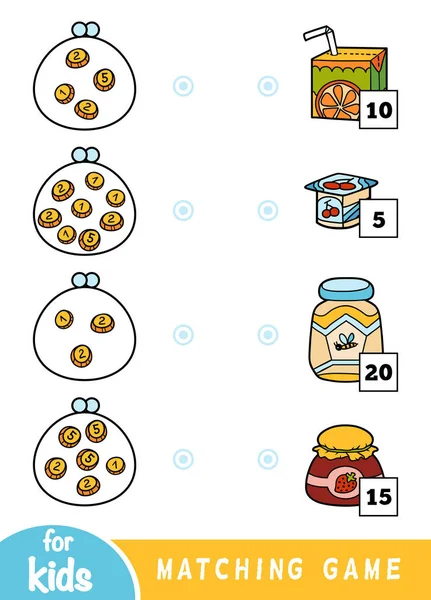 Jeu de correspondance pour les enfants. Comptez combien d'argent il y a dans chaque portefeuille et choisissez le bon prix . — Image vectorielle