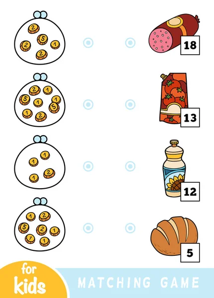 儿童匹配游戏。数一数每个钱包里有多少钱, 然后选择正确的价格. — 图库矢量图片