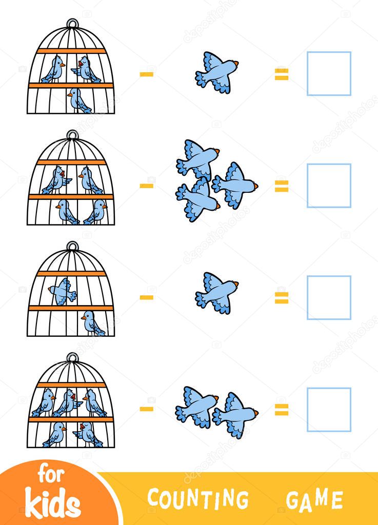 Counting Game for Preschool Children. Subtraction worksheets. Birds and cages