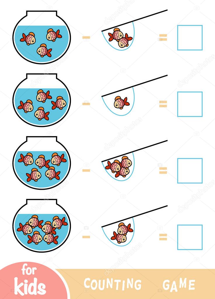 Counting Game for Preschool Children. Subtraction worksheets. Fish and Aquariums
