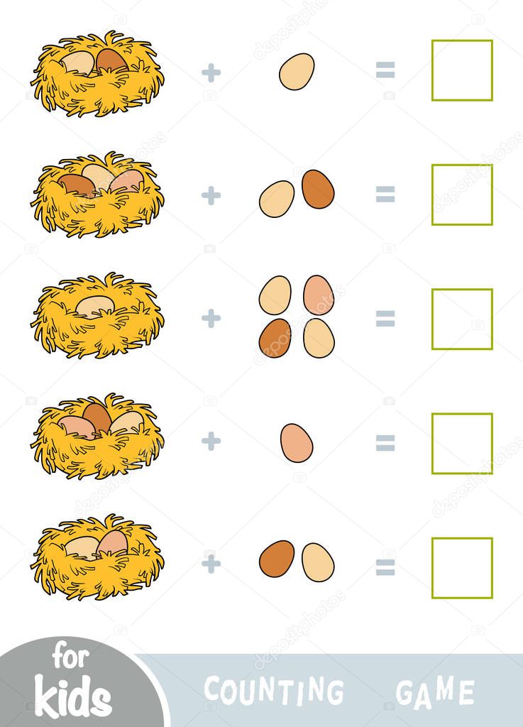 Counting Game for Preschool Children. Addition worksheet, birds eggs in the nest