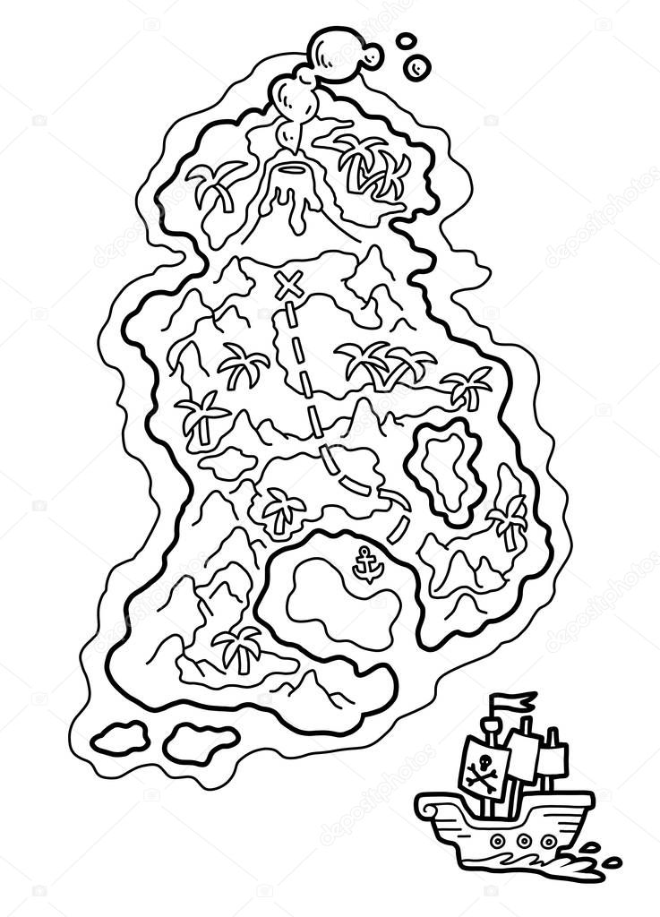 Coloring book, Pirate map with a tropical island