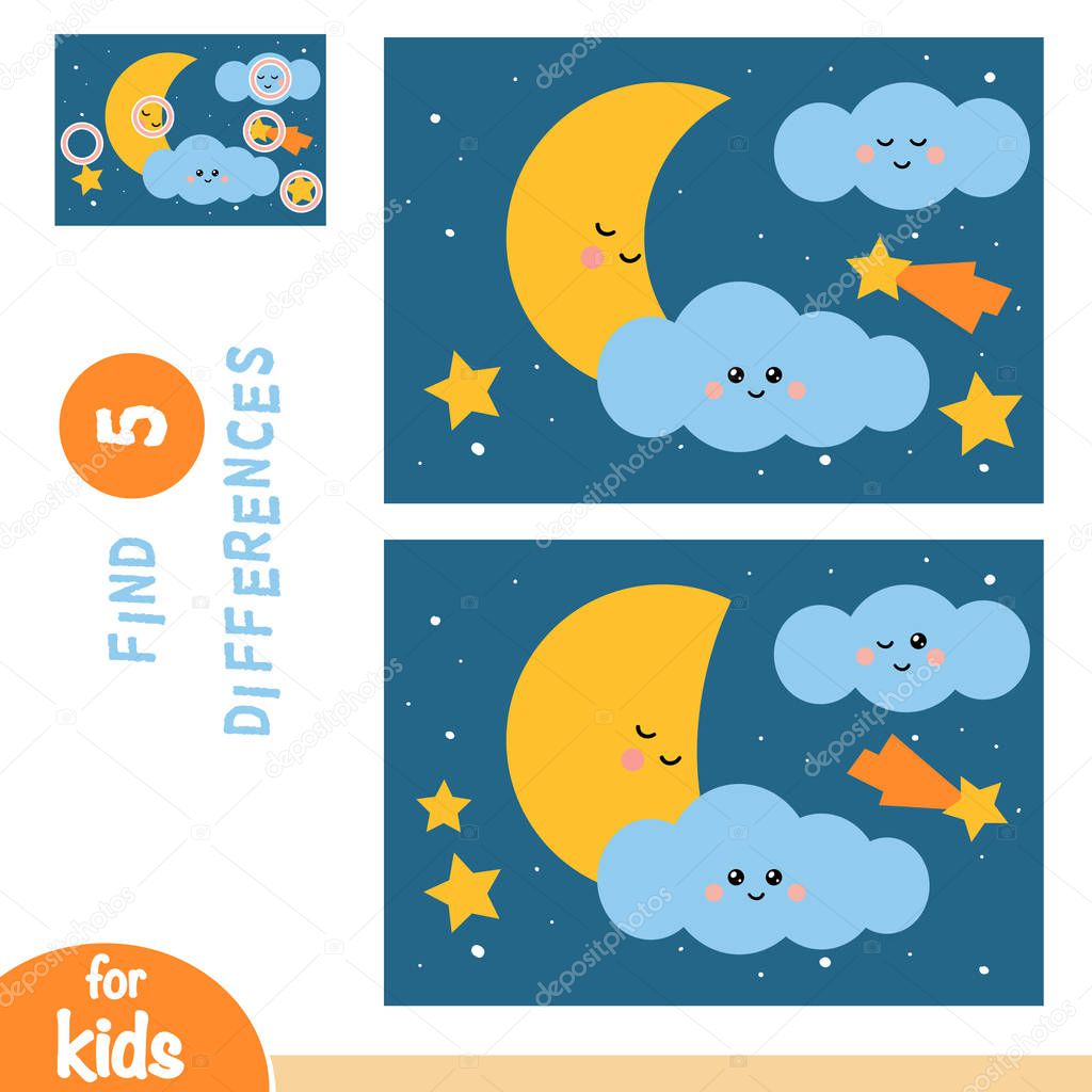 Find differences, education game, Night sky with moon and stars