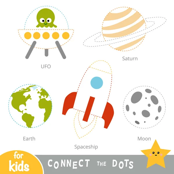 Connectez les points, jeu éducatif pour les enfants. Un ensemble d'ob de l'espace — Image vectorielle